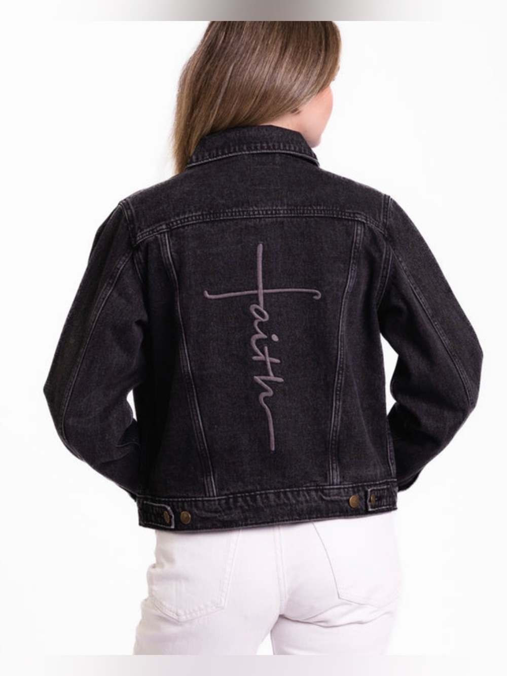 NWT Embroidered Faith Cross Black Wash Denim / Jean Jacket Large